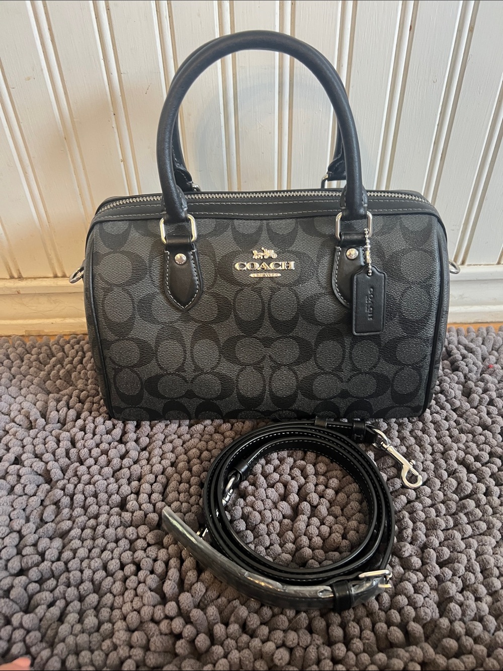 Coach Rowan Black and Gray Signature Dome Satchel with Silver Hardware
